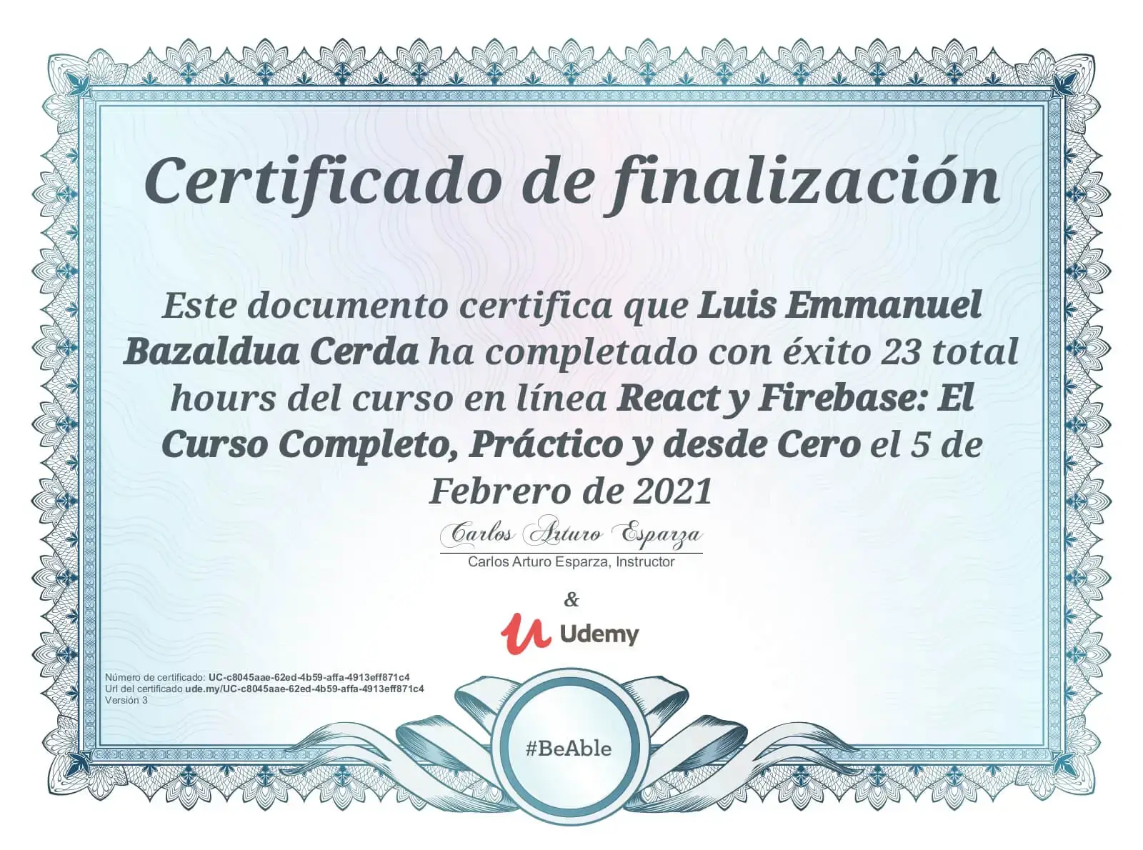 Luis Bazaldua - Certificado de React Y Firebase
